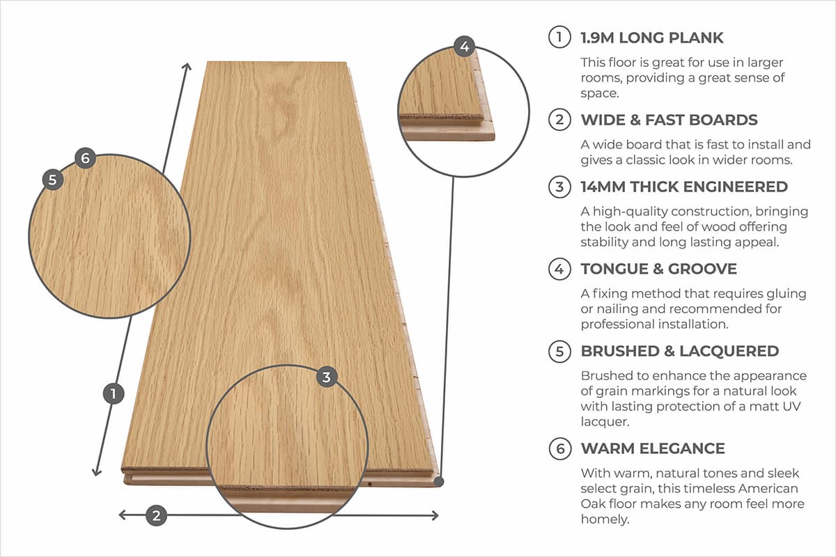 Home Choice Engineered American Select Oak 14mm x 190mm Natural Matt Lacquered