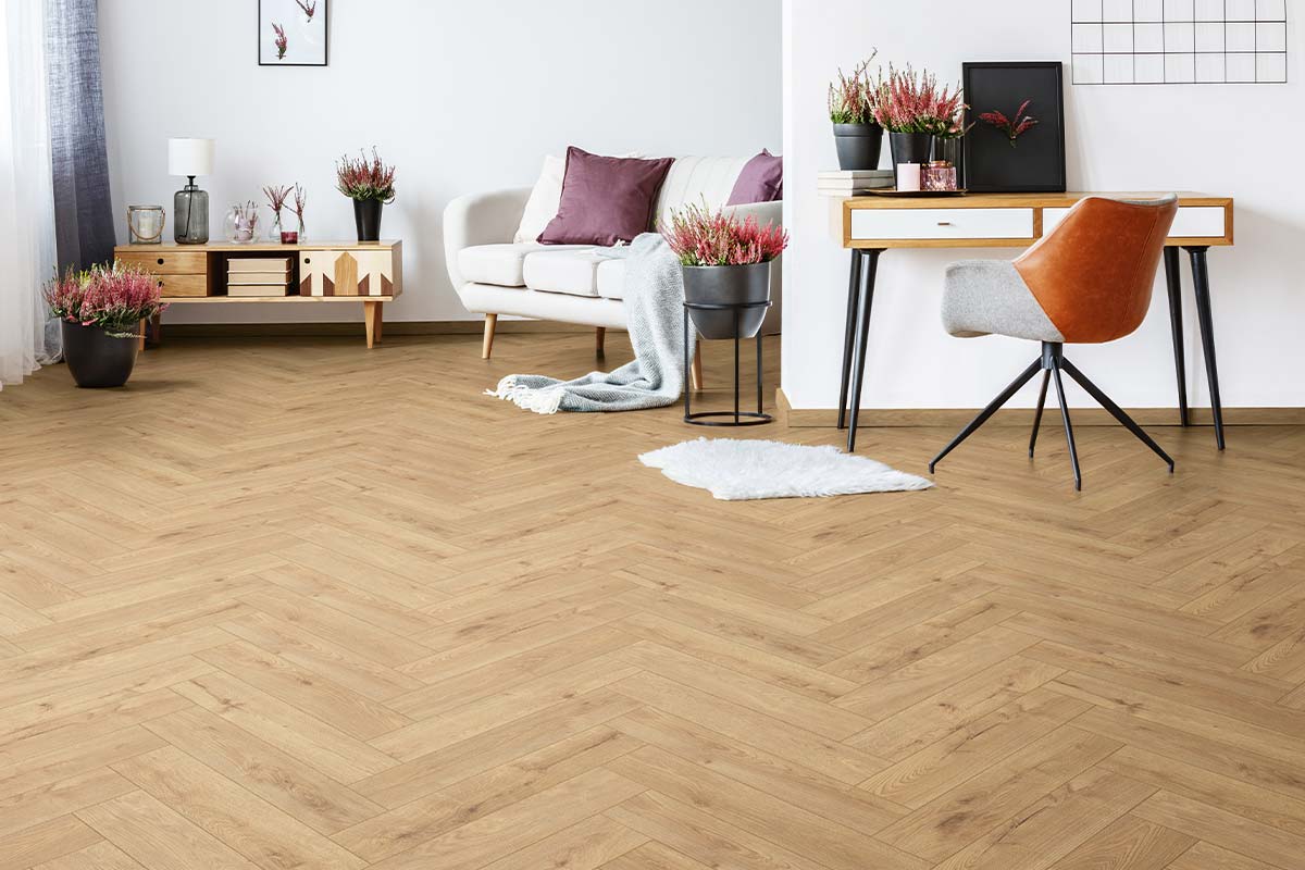 Series Woods 8mm Herringbone Laminate Flooring Sand Oak