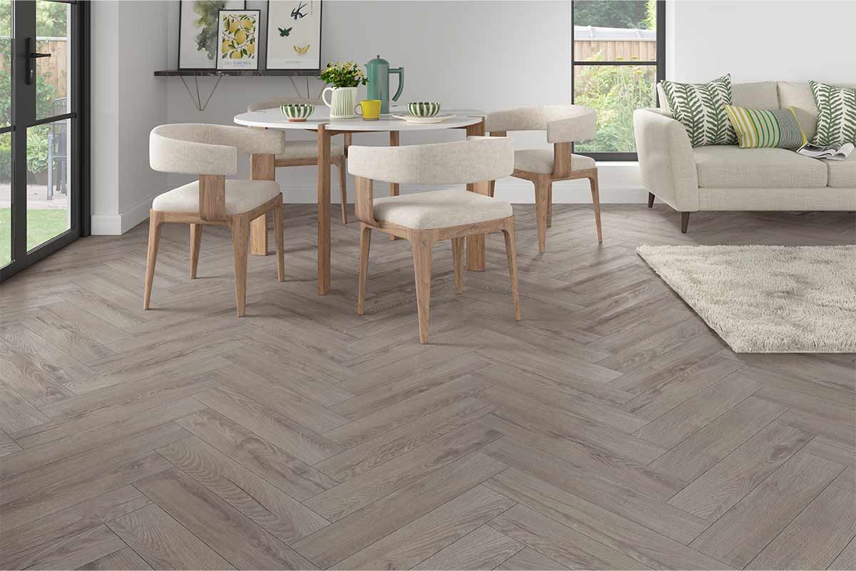 Series Woods 8mm Herringbone Laminate Flooring Sterling Grey Oak