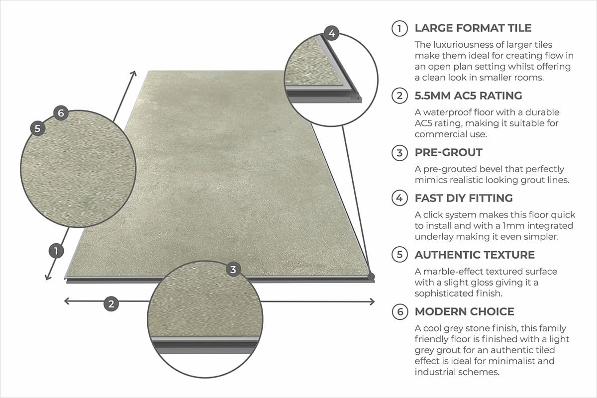 Audacity Rigid Core Pre-Grout Click Vinyl Stone Grey Tile Built-in Underlay